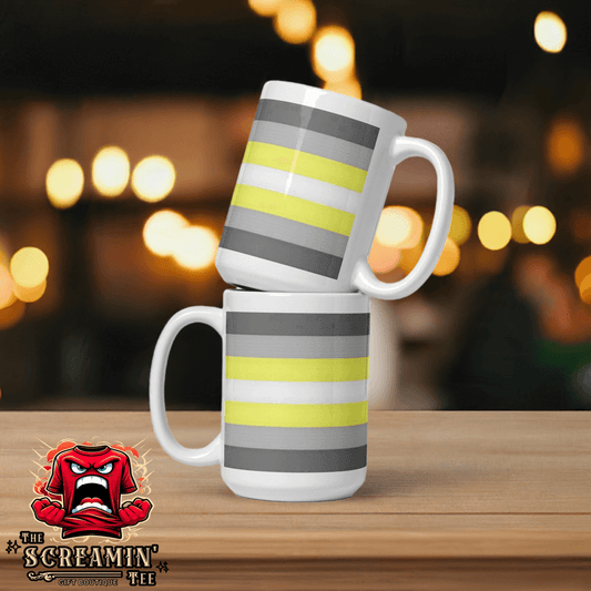 Demigender Pride Mug with gray and yellow stripes, perfect for coffee or tea, sturdy ceramic material.