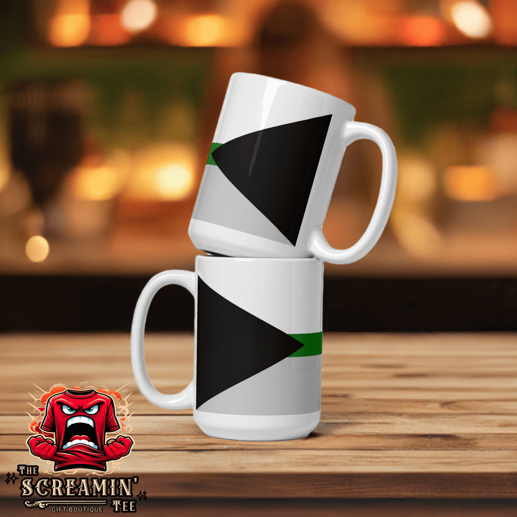 Demiromantic Pride Mug featuring a sleek design, perfect for coffee or tea, on a wooden table background.