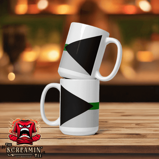 Demiromantic Pride Mug featuring a sleek design, perfect for coffee or tea, on a wooden table background.