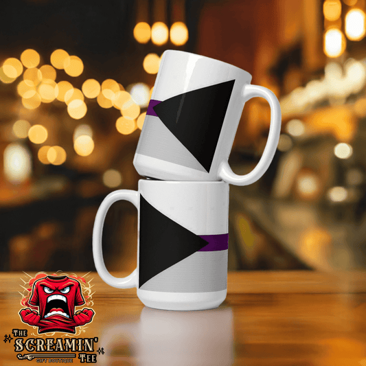 Demisexual Pride Mug stacked in a cozy café setting with warm lights in the background.