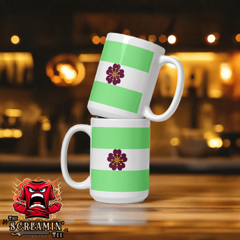 Diamoric Pride Mug featuring a vibrant green striped design with floral accents, perfect for coffee or tea.