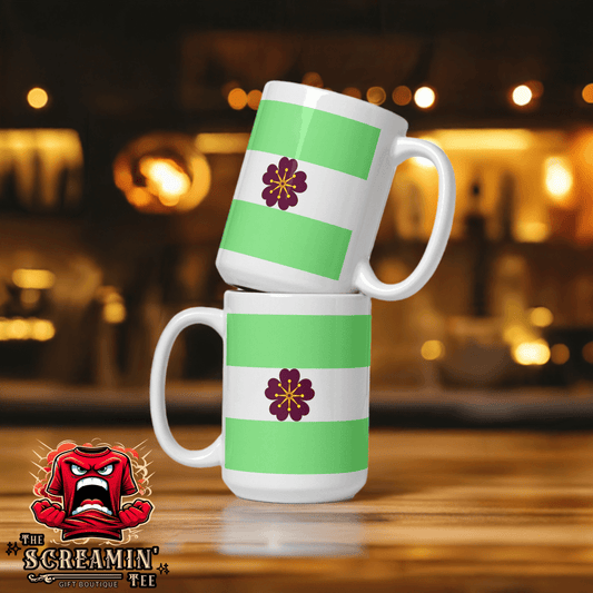 Diamoric Pride Mug featuring a vibrant green striped design with floral accents, perfect for coffee or tea.