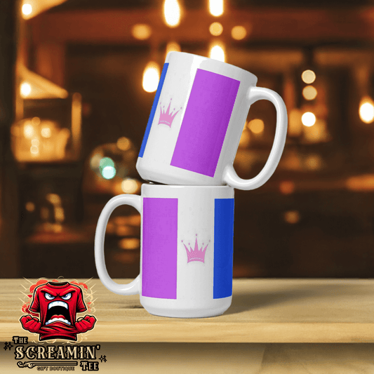Drag Pride Mug featuring a vibrant design with purple and blue colors, perfect for enjoying your favorite beverages.