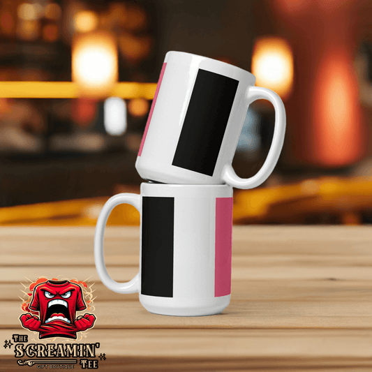 Two Femeric Pride Mugs stacked on a wooden table, showcasing vibrant colors and sturdy design for everyday use.