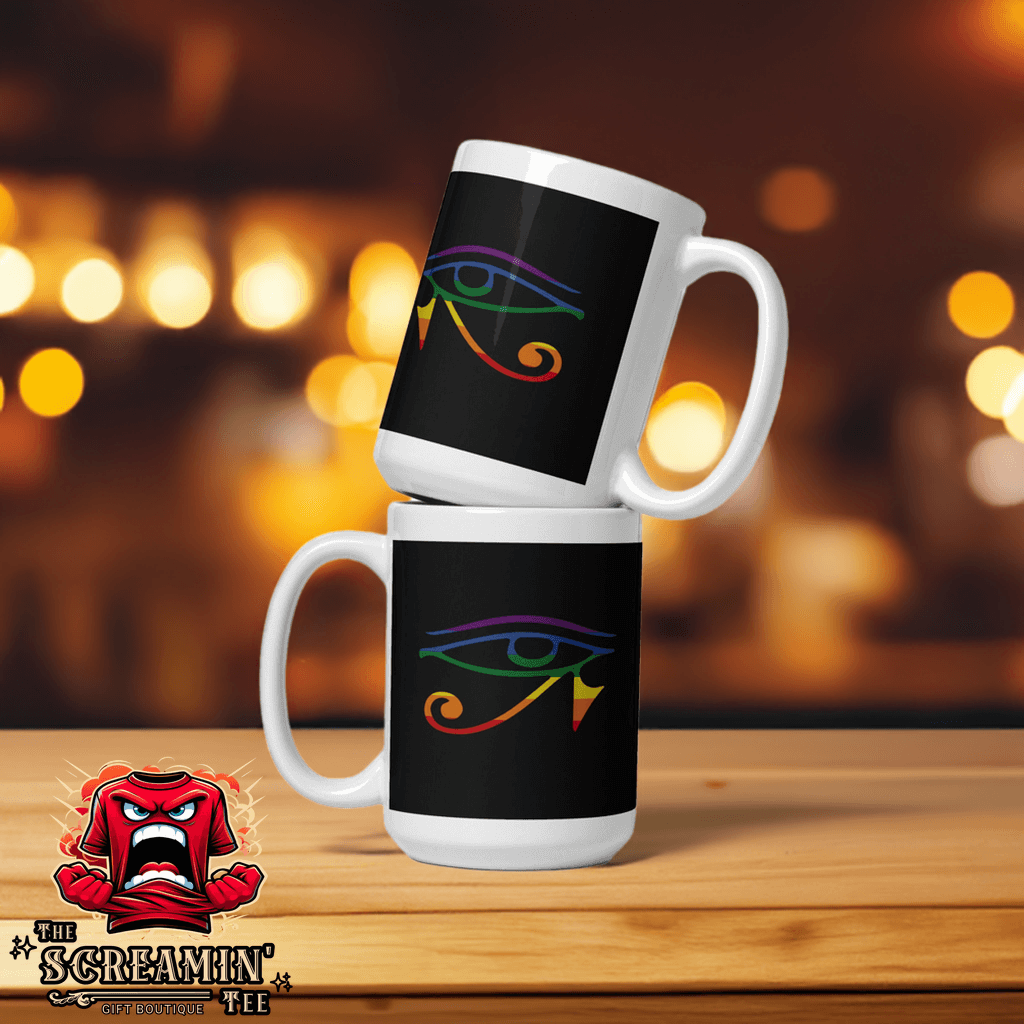 Two Gay Goth Fetish Mugs stacked, featuring colorful eye design on black background, perfect for coffee or tea.