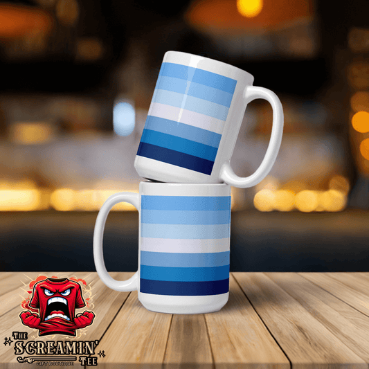 Gay Men I Pride Mug stacked on wooden table, showcasing vibrant blue and white striped design.