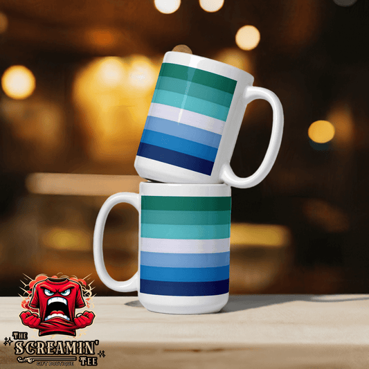 Gay Men II Pride Mug featuring a vibrant striped design, perfect for coffee or tea.
