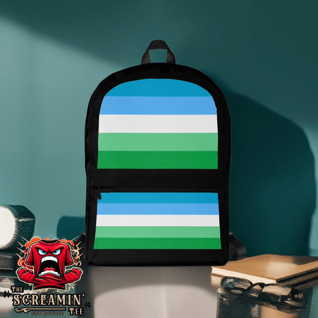 Gay Men III Pride Backpack featuring vibrant blue and green stripes, perfect for daily use and sports activities.