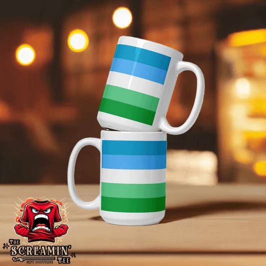 Gay Men III Pride Mug featuring blue and green stripes, perfect for coffee or tea.