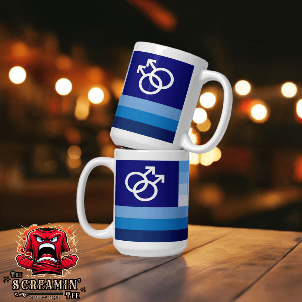 Two Gay Men IV Pride Mugs stacked on a wooden table with a vibrant blue design representing pride.