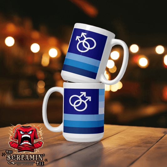 Two Gay Men IV Pride Mugs stacked on a wooden table with a vibrant blue design representing pride.