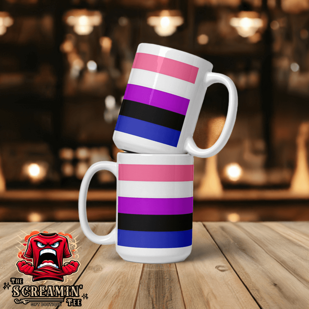 Stacked Genderfluid Genderflexible Pride Mugs on a wooden table with a blurred background of lights.