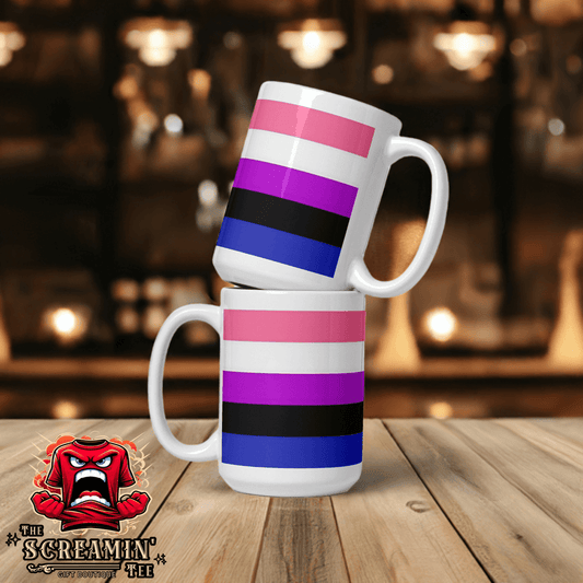 Stacked Genderfluid Genderflexible Pride Mugs on a wooden table with a blurred background of lights.