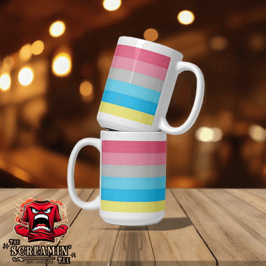 Genderflux Pride Mug design featuring pastel colors stacked in two mugs, perfect for any beverage.