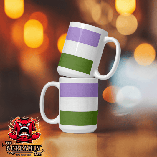Genderqueer Nonbinary Pride Mug featuring bold purple and green stripes, perfect for coffee or tea lovers.