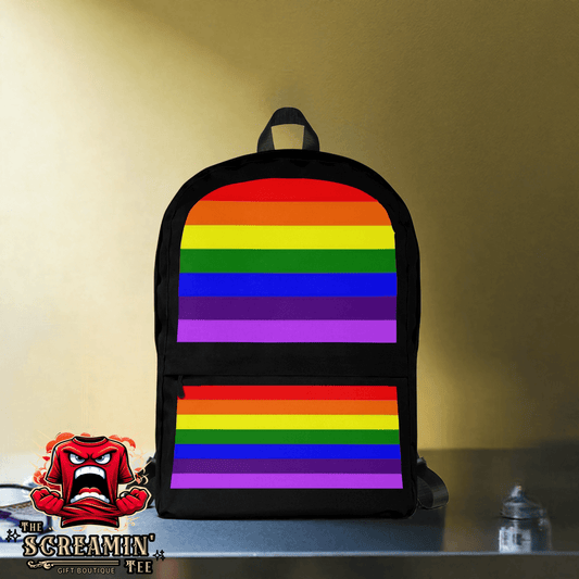 Gilbert Baker (Adapted Version) Pride Backpack with rainbow stripes design and multiple pockets for daily use.
