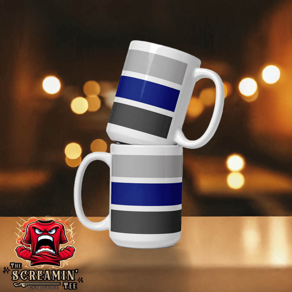 Graygender Pride Mug featuring a stylish design with gray and blue stripes, ideal for coffee or tea lovers.