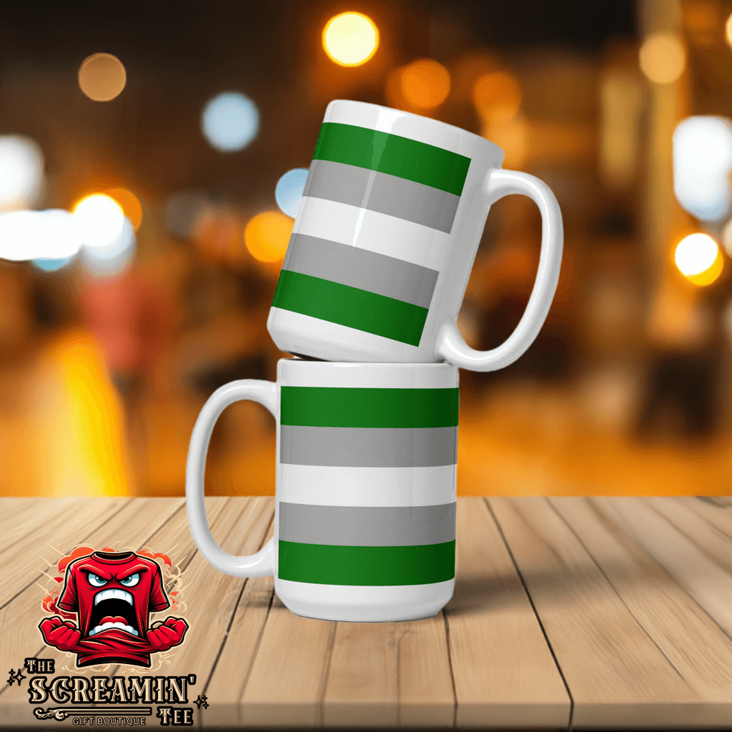 Grayromantic Pride Mug featuring two stacked mugs with green and gray stripes on a wooden surface.