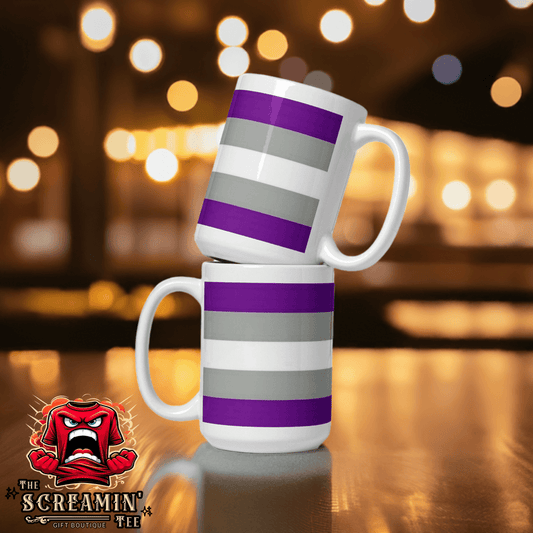 Graysexual Pride Mug stacked with bold stripes, perfect for your daily drinks, sturdy and dishwasher safe.