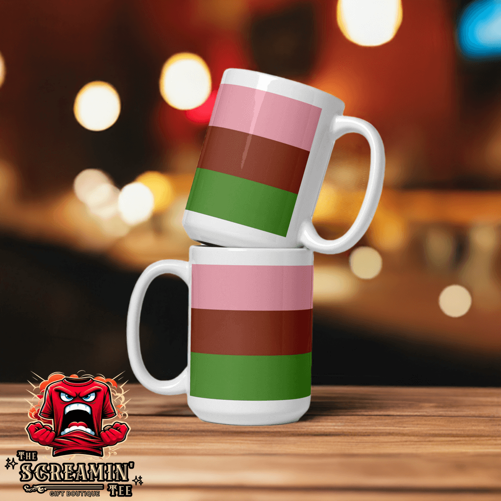Gynosexual Pride Mug design with colorful stripes on ceramic mugs, perfect for coffee or tea enthusiasts.