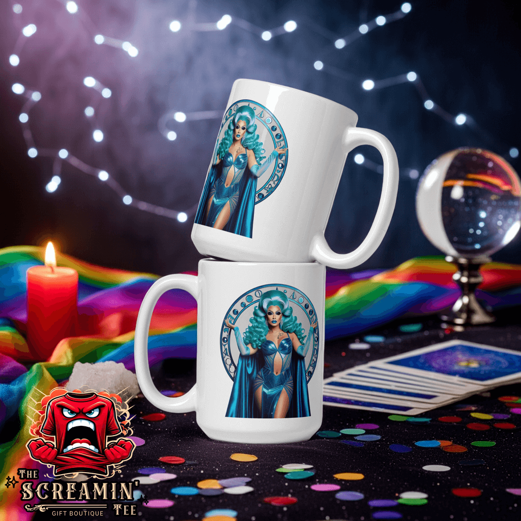 Haus Of Zodiac Mug | Aqua D'Aura (Aquarius) displayed on a colorful table with candles and tarot cards.