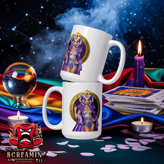 Haus Of Zodiac Mug | Arrow A'Mour (Sagittarius) on a colorful backdrop with candles and tarot cards.