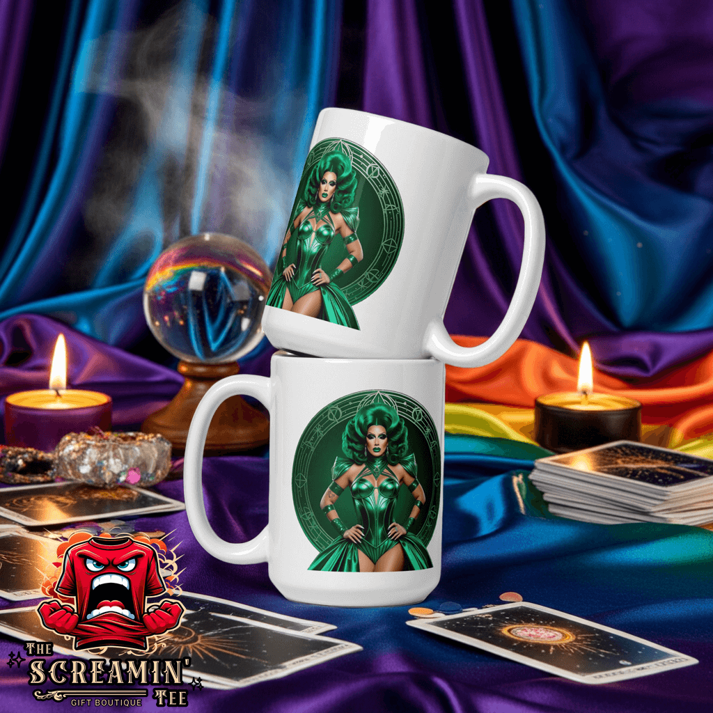 Haus Of Zodiac Mug | Duality Diva (Gemini) showcased in a mystic setting with tarot cards and candles.