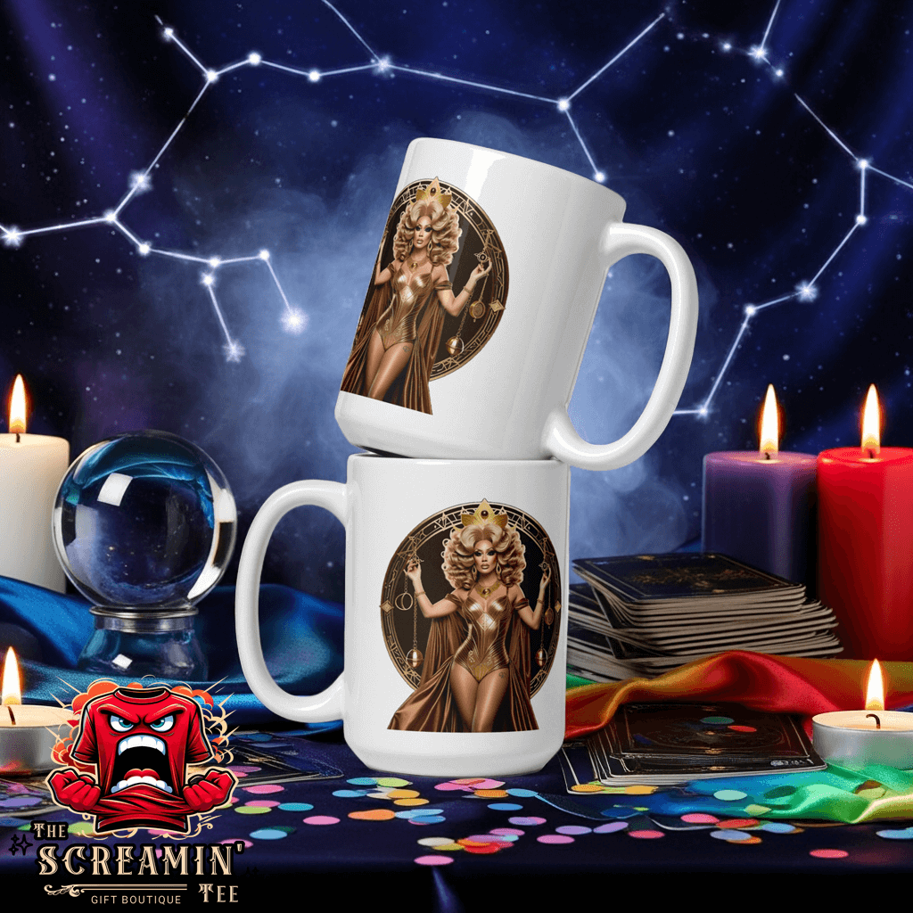 Haus Of Zodiac Mug | Justica Devine (Libra) displayed on a starry background with candles.