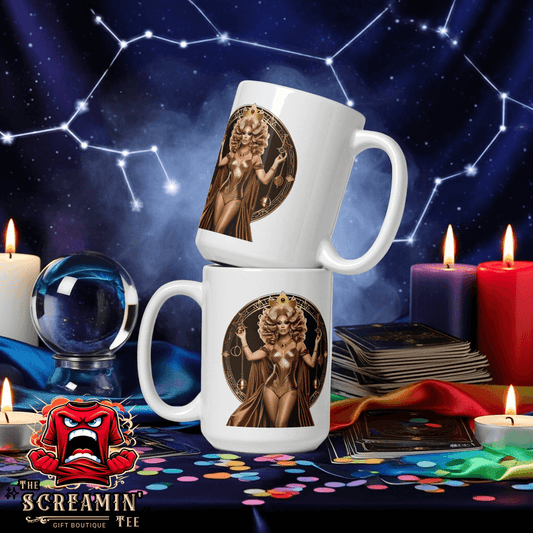 Haus Of Zodiac Mug | Justica Devine (Libra) displayed on a starry background with candles.