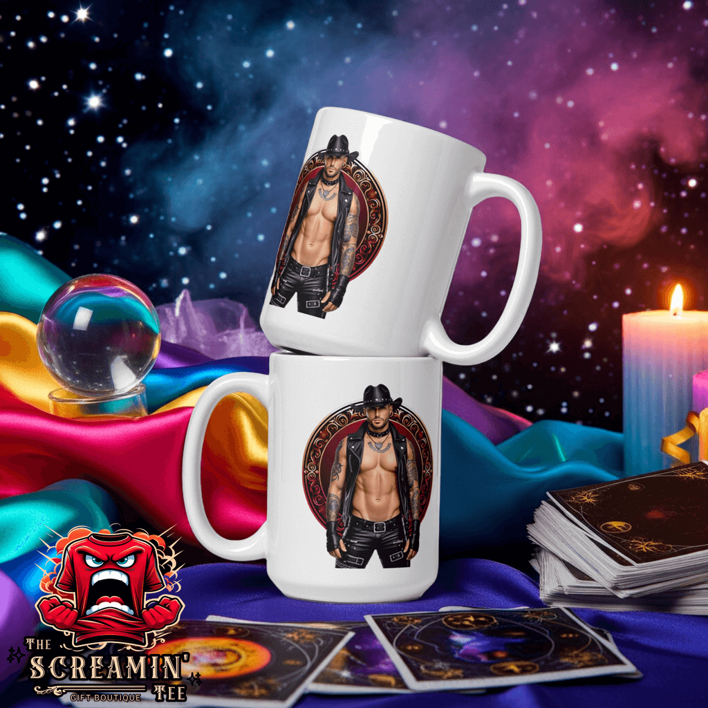Haus Of Zodiac Mug | Leatherman Blaze (Aries) displayed with colorful background and tarot cards.
