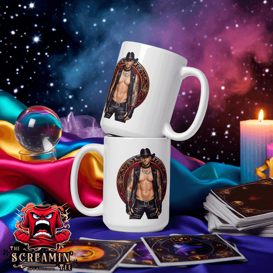 Haus Of Zodiac Mug | Leatherman Blaze (Aries) displayed with colorful background and tarot cards.
