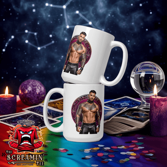 Haus Of Zodiac Mug | Leatherman Bronson (Taurus) with vibrant design, set against a cosmic background.