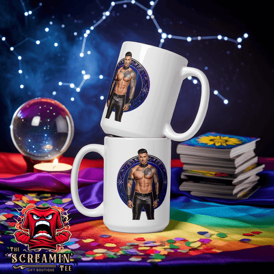 Haus Of Zodiac Mug | Leatherman Dash (Sagittarius) displayed on a colorful table with a mystical background.
