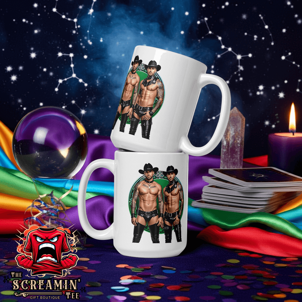 Haus Of Zodiac Mug | Leathermen Fin & Cade (Gemini) displayed on colorful background with cosmic elements.