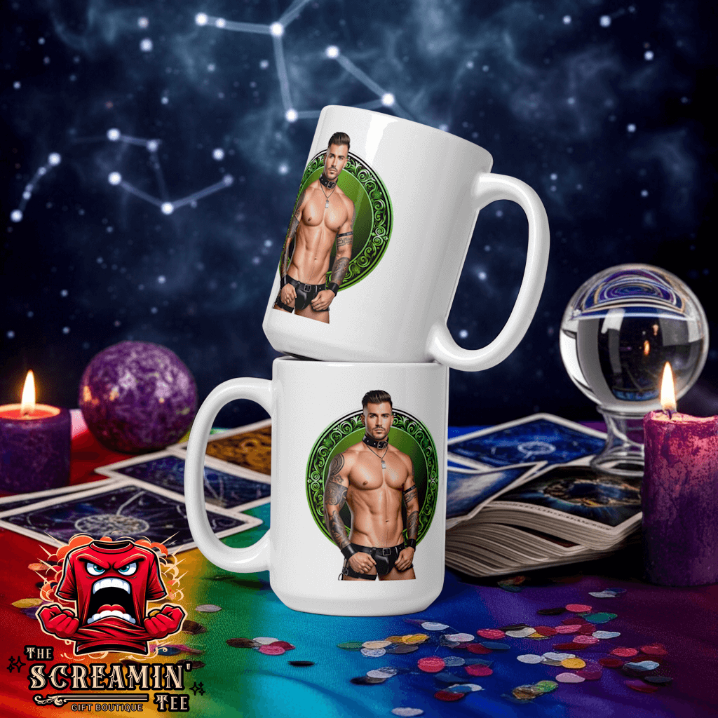 Haus Of Zodiac Mug | Leatherman Pierce (Libra) displayed with astrology-themed decorations.