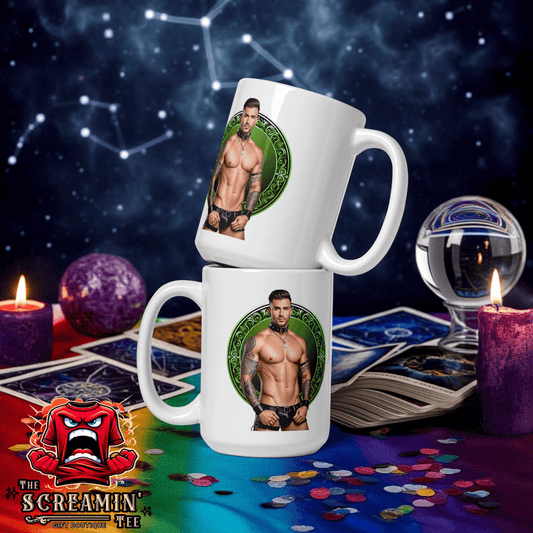 Haus Of Zodiac Mug | Leatherman Pierce (Libra) displayed with astrology-themed decorations.