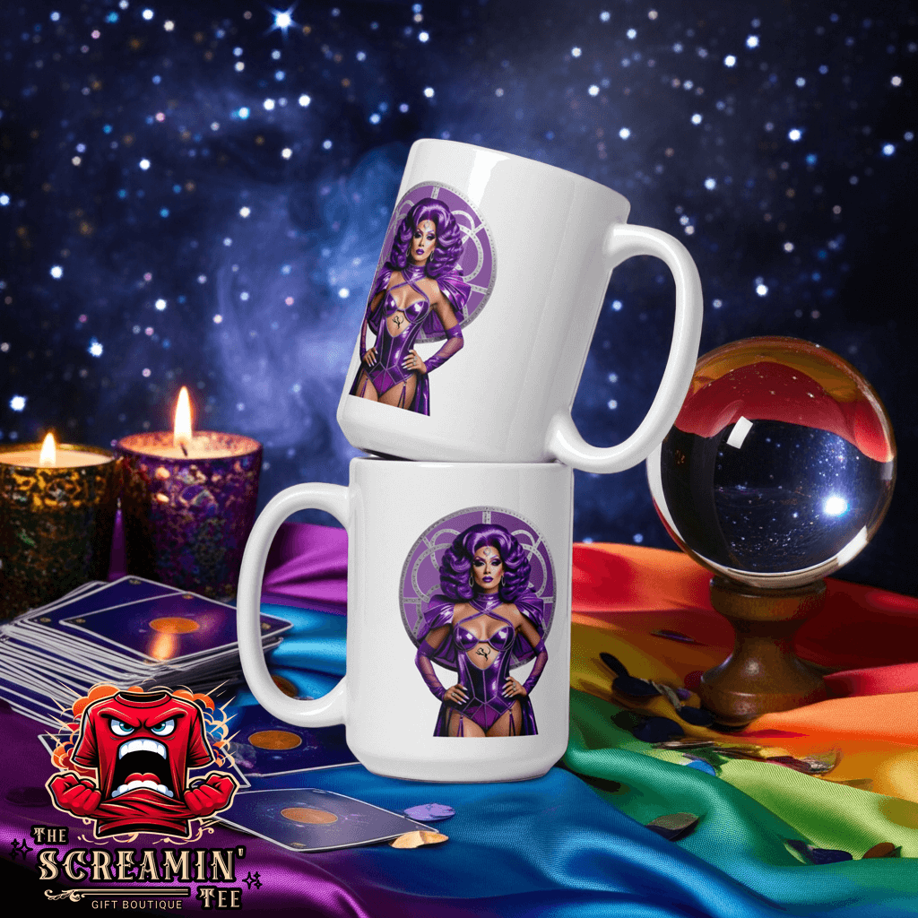 Haus Of Zodiac Mug | Leona Lux (Leo) displayed with a cosmic background and tarot cards.