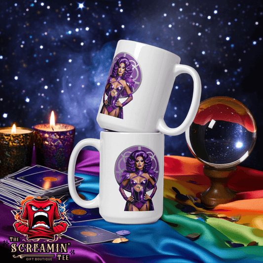 Haus Of Zodiac Mug | Leona Lux (Leo) displayed with a cosmic background and tarot cards.