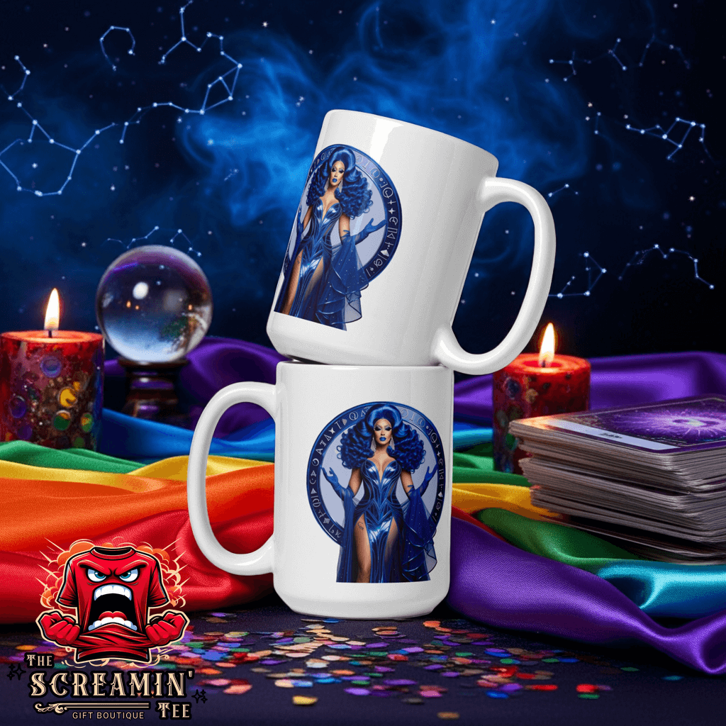 Haus Of Zodiac Mug | Mystic Sting (Scorpio) displayed against a mystical background and colorful tablecloth.