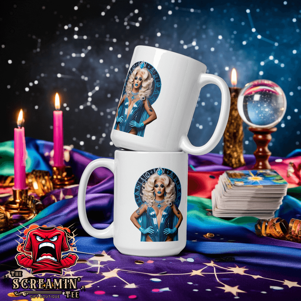 Haus Of Zodiac Mug | Oceania Dreams (Pisces) featured with celestial decor and tarot cards on a colorful background.