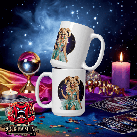 Haus Of Zodiac Mug | Ram-Pagous (Aries) displayed against a cosmic background with candles and tarot cards.