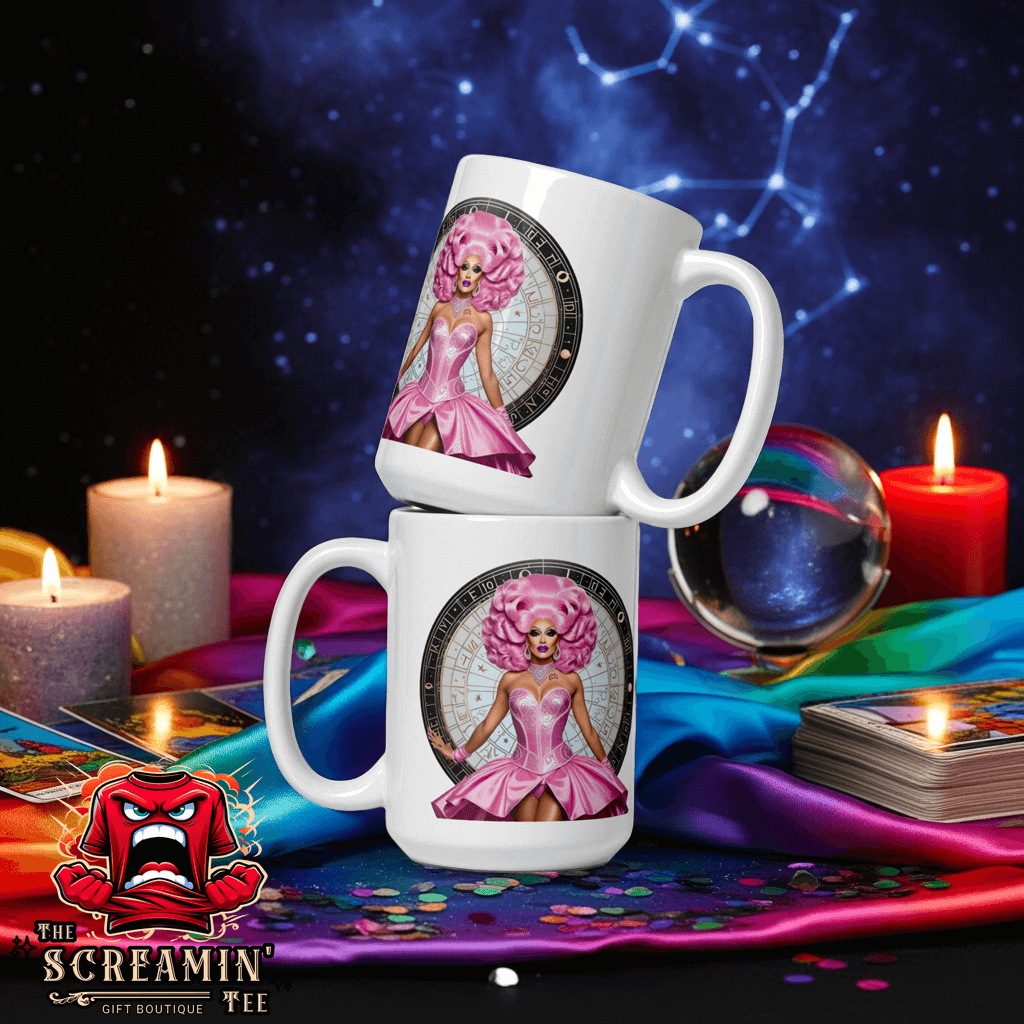 Haus Of Zodiac Mug | Shell We Dance (Cancer) displayed on a colorful table with candles and mystical elements.