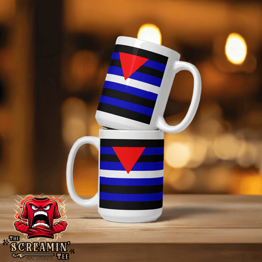 Leather Queer Fetish Mug design featuring bold blue and black stripes with red triangle patterns on ceramic mugs.