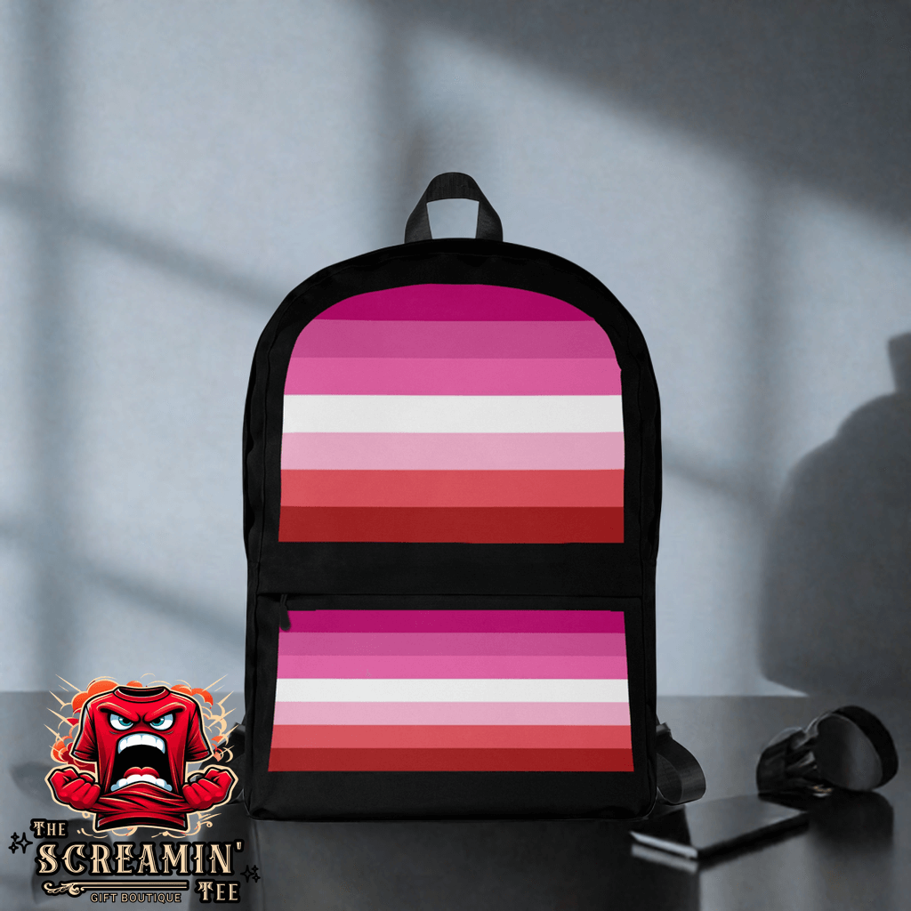 Lesbian Femme Pride Backpack with vibrant pink and red stripes designed for daily use and sports activities.