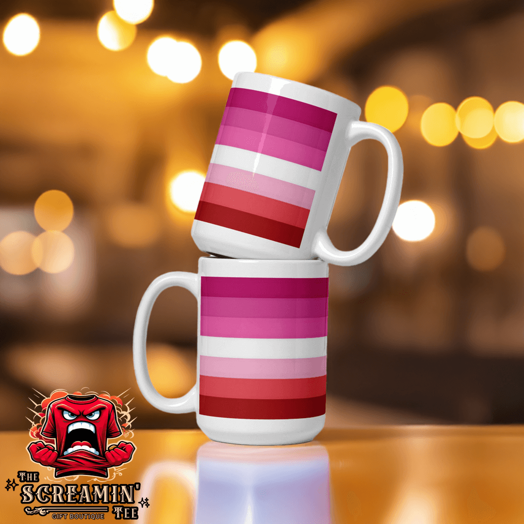 Two stacked mugs featuring vibrant pink and red stripes, showcasing the Lesbian Femme Pride Mug design.