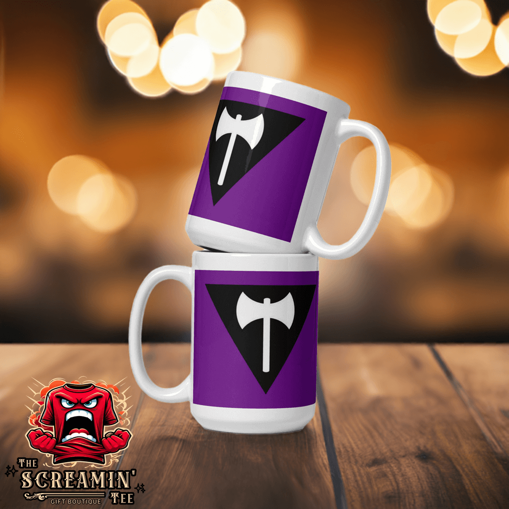Lesbian Labys Pride Mug featuring a purple design with a white axe symbol, perfect for coffee or tea.
