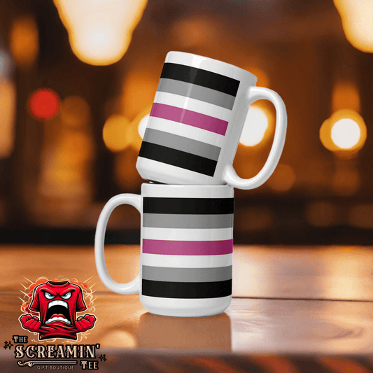 Librafemme Pride Mug displaying a black, pink, and white striped design, perfect for morning coffee or evening tea.