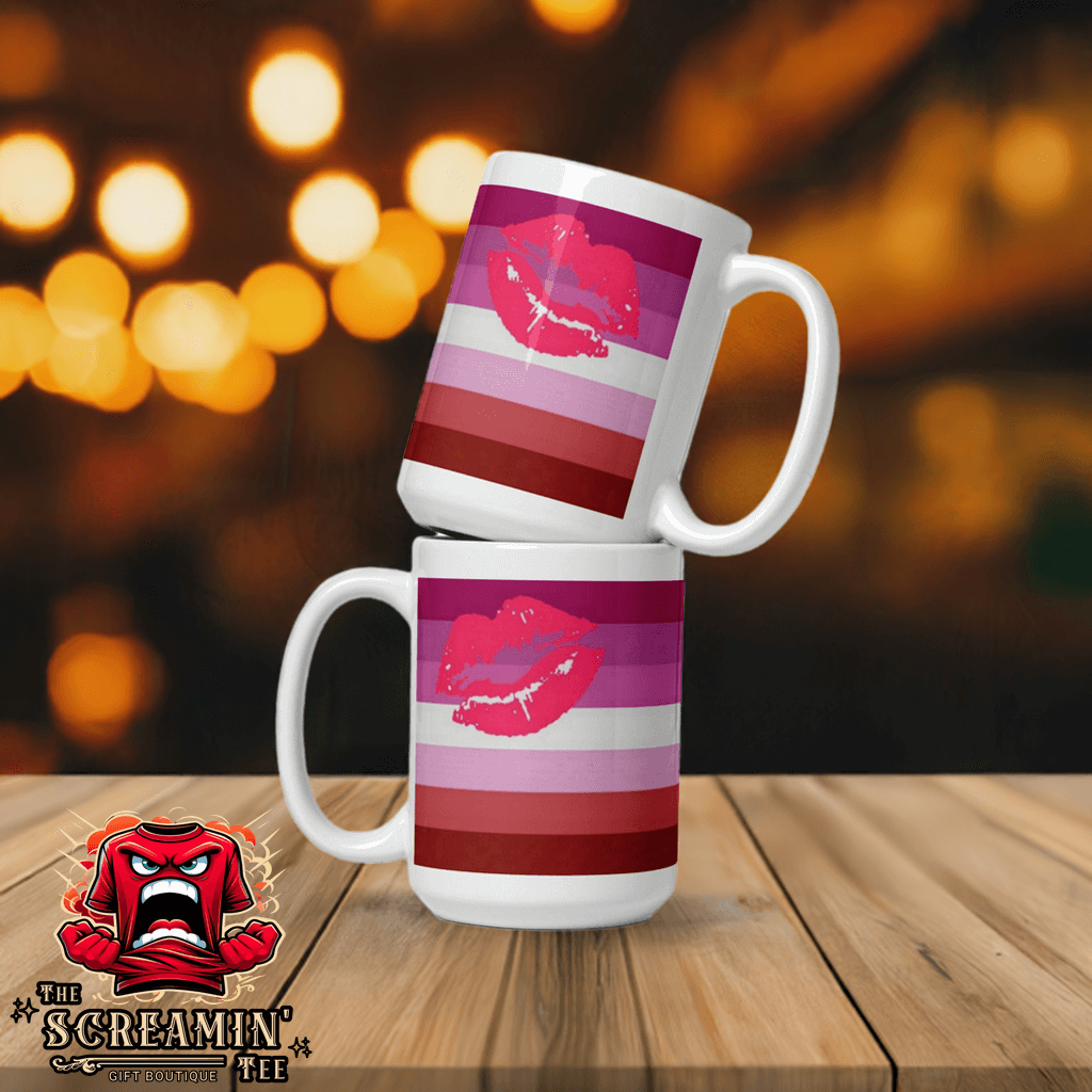 Lipstick Lesbian Pride Mug stack with colorful stripes and lip print, perfect for coffee or tea lovers.