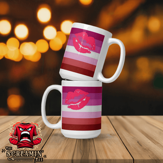 Lipstick Lesbian Pride Mug stack with colorful stripes and lip print, perfect for coffee or tea lovers.