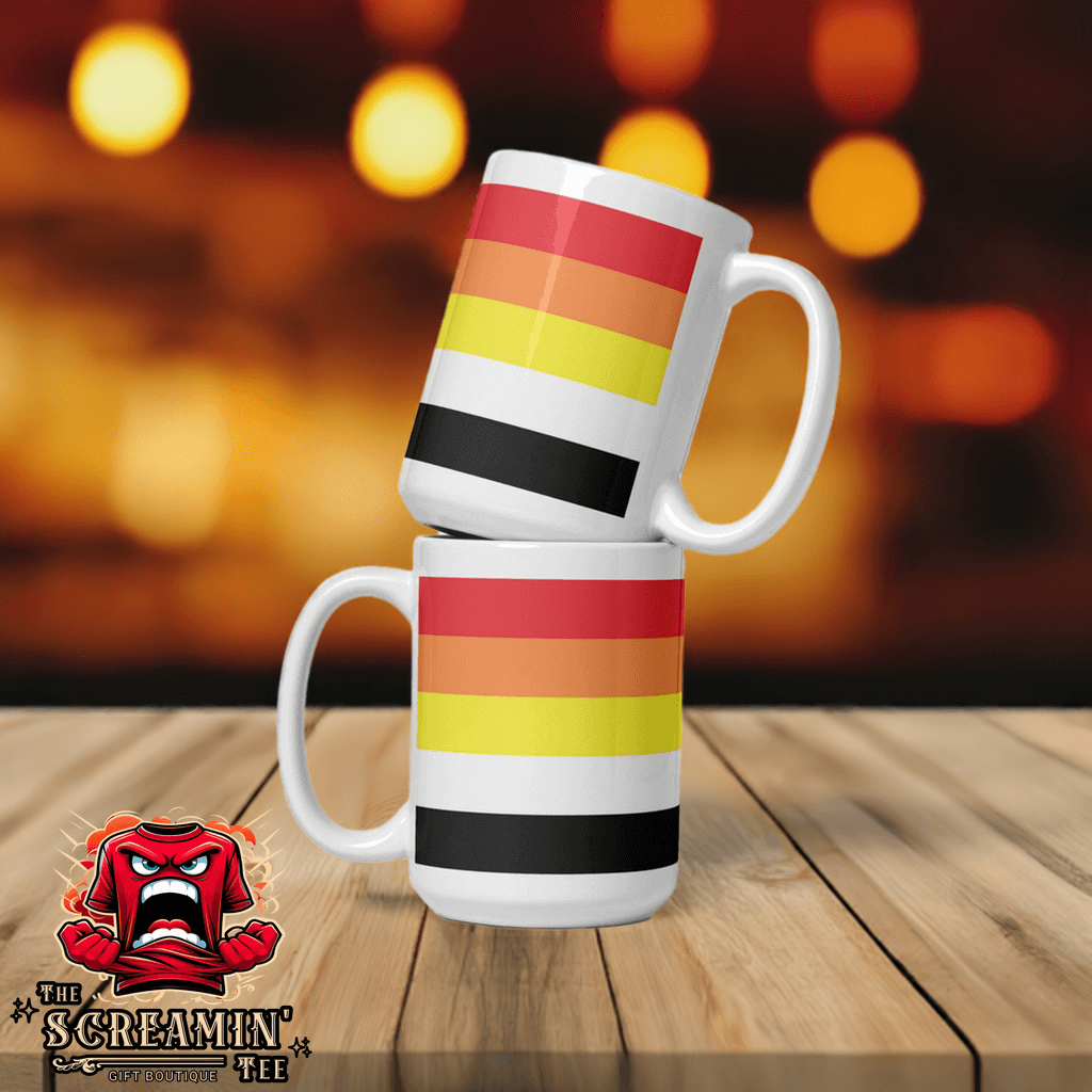Lithosexual Pride Mug stacked on wooden table, showcasing vibrant colors and design against a blurred background.